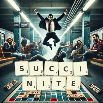 Creative illustration for a Scrabble game with the word SUCCINITE spelled out in tiles on the board.