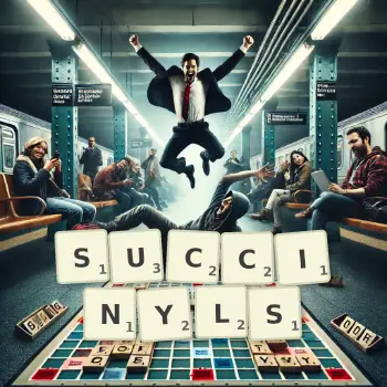 Creative illustration for a Scrabble game with the word SUCCINYLS spelled out in tiles on the board.
