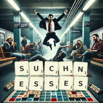 Creative illustration for a Scrabble game with the word SUCHNESSES spelled out in tiles on the board.