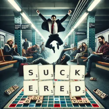 Creative illustration for a Scrabble game with the word SUCKERED spelled out in tiles on the board.