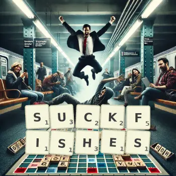 Creative illustration for a Scrabble game with the word SUCKFISHES spelled out in tiles on the board.