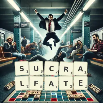 Creative illustration for a Scrabble game with the word SUCRALFATE spelled out in tiles on the board.
