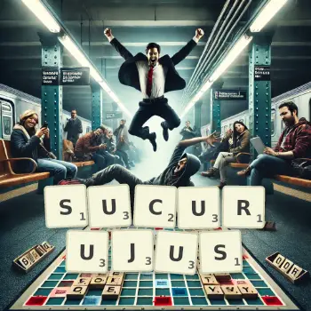 Creative illustration for a Scrabble game with the word SUCURUJUS spelled out in tiles on the board.