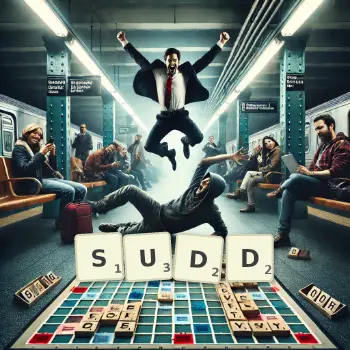 Creative illustration for a Scrabble game with the word SUDD spelled out in tiles on the board.