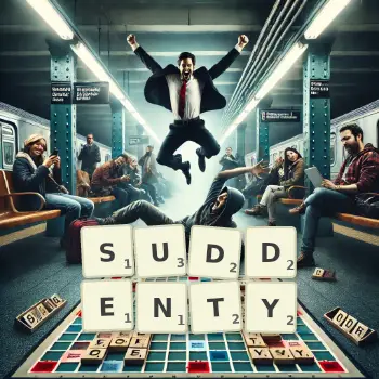 Creative illustration for a Scrabble game with the word SUDDENTY spelled out in tiles on the board.