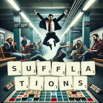 Creative illustration for a Scrabble game with the word SUFFLATIONS spelled out in tiles on the board.