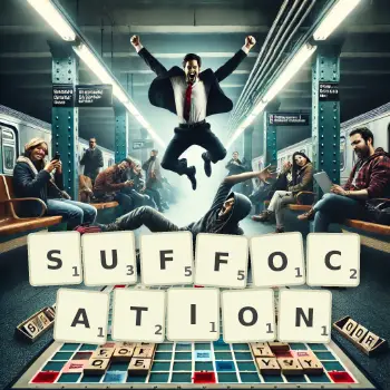 Creative illustration for a Scrabble game with the word SUFFOCATION spelled out in tiles on the board.