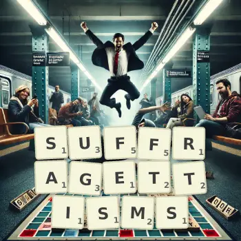 Creative illustration for a Scrabble game with the word SUFFRAGETTISMS spelled out in tiles on the board.