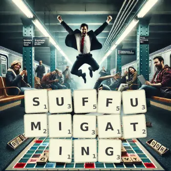 Creative illustration for a Scrabble game with the word SUFFUMIGATING spelled out in tiles on the board.