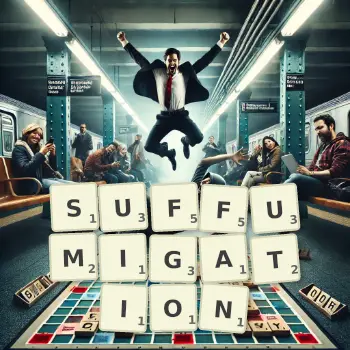 Creative illustration for a Scrabble game with the word SUFFUMIGATION spelled out in tiles on the board.