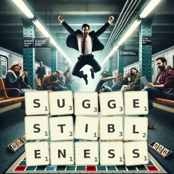 Creative illustration for a Scrabble game with the word SUGGESTIBLENESS spelled out in tiles on the board.
