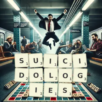 Creative illustration for a Scrabble game with the word SUICIDOLOGIES spelled out in tiles on the board.