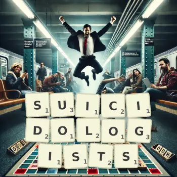 Creative illustration for a Scrabble game with the word SUICIDOLOGISTS spelled out in tiles on the board.
