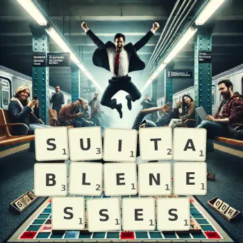 Creative illustration for a Scrabble game with the word SUITABLENESSES spelled out in tiles on the board.
