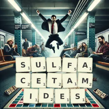 Creative illustration for a Scrabble game with the word SULFACETAMIDES spelled out in tiles on the board.