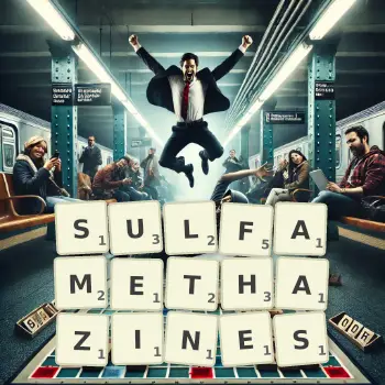 Creative illustration for a Scrabble game with the word SULFAMETHAZINES spelled out in tiles on the board.