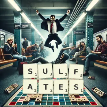 Creative illustration for a Scrabble game with the word SULFATES spelled out in tiles on the board.