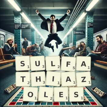 Creative illustration for a Scrabble game with the word SULFATHIAZOLES spelled out in tiles on the board.