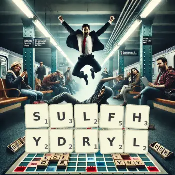 Creative illustration for a Scrabble game with the word SULFHYDRYL spelled out in tiles on the board.