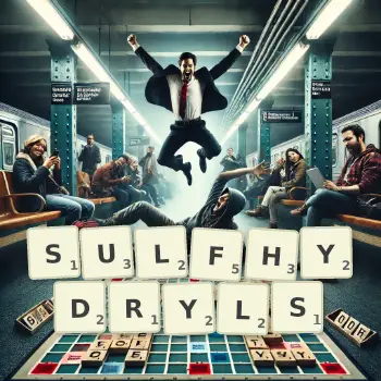 Creative illustration for a Scrabble game with the word SULFHYDRYLS spelled out in tiles on the board.