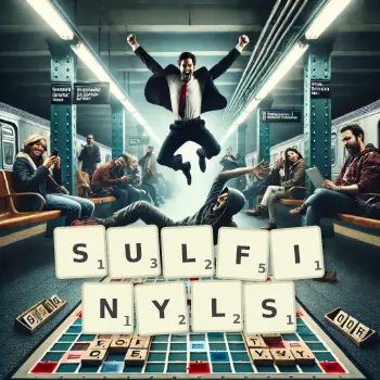 Creative illustration for a Scrabble game with the word SULFINYLS spelled out in tiles on the board.