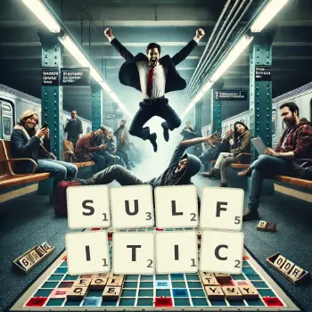 Creative illustration for a Scrabble game with the word SULFITIC spelled out in tiles on the board.