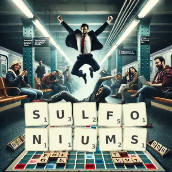 Creative illustration for a Scrabble game with the word SULFONIUMS spelled out in tiles on the board.