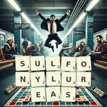 Creative illustration for a Scrabble game with the word SULFONYLUREAS spelled out in tiles on the board.