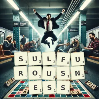 Creative illustration for a Scrabble game with the word SULFUROUSNESS spelled out in tiles on the board.
