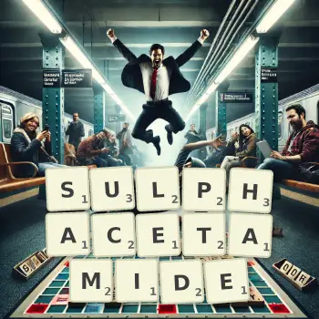 Creative illustration for a Scrabble game with the word SULPHACETAMIDE spelled out in tiles on the board.