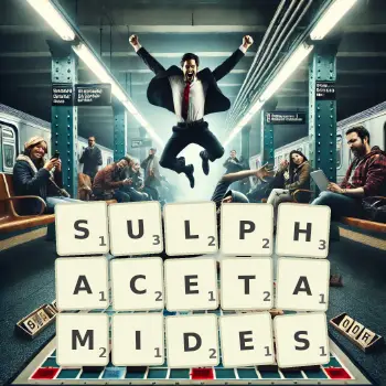 Creative illustration for a Scrabble game with the word SULPHACETAMIDES spelled out in tiles on the board.