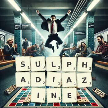 Creative illustration for a Scrabble game with the word SULPHADIAZINE spelled out in tiles on the board.