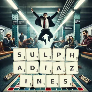 Creative illustration for a Scrabble game with the word SULPHADIAZINES spelled out in tiles on the board.