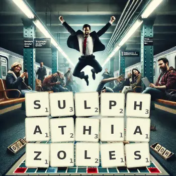 Creative illustration for a Scrabble game with the word SULPHATHIAZOLES spelled out in tiles on the board.
