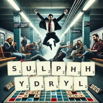 Creative illustration for a Scrabble game with the word SULPHHYDRYL spelled out in tiles on the board.
