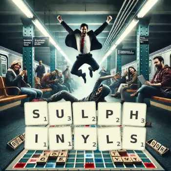 Creative illustration for a Scrabble game with the word SULPHINYLS spelled out in tiles on the board.