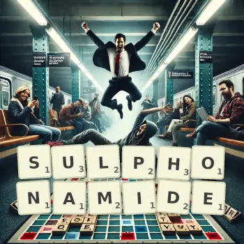 Creative illustration for a Scrabble game with the word SULPHONAMIDE spelled out in tiles on the board.