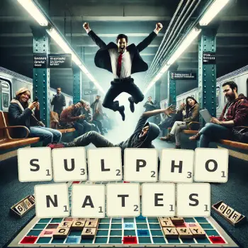 Creative illustration for a Scrabble game with the word SULPHONATES spelled out in tiles on the board.