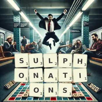 Creative illustration for a Scrabble game with the word SULPHONATIONS spelled out in tiles on the board.