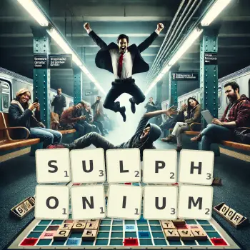 Creative illustration for a Scrabble game with the word SULPHONIUM spelled out in tiles on the board.