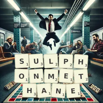 Creative illustration for a Scrabble game with the word SULPHONMETHANE spelled out in tiles on the board.