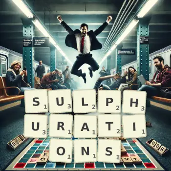 Creative illustration for a Scrabble game with the word SULPHURATIONS spelled out in tiles on the board.