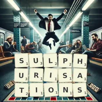 Creative illustration for a Scrabble game with the word SULPHURISATIONS spelled out in tiles on the board.