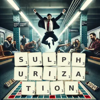 Creative illustration for a Scrabble game with the word SULPHURIZATION spelled out in tiles on the board.