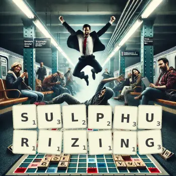 Creative illustration for a Scrabble game with the word SULPHURIZING spelled out in tiles on the board.