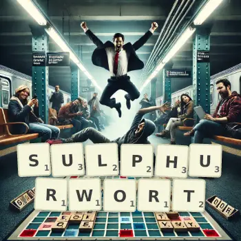 Creative illustration for a Scrabble game with the word SULPHURWORT spelled out in tiles on the board.