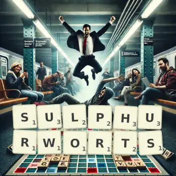 Creative illustration for a Scrabble game with the word SULPHURWORTS spelled out in tiles on the board.