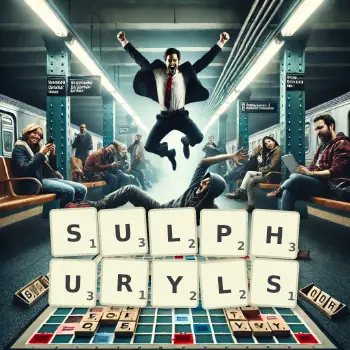 Creative illustration for a Scrabble game with the word SULPHURYLS spelled out in tiles on the board.