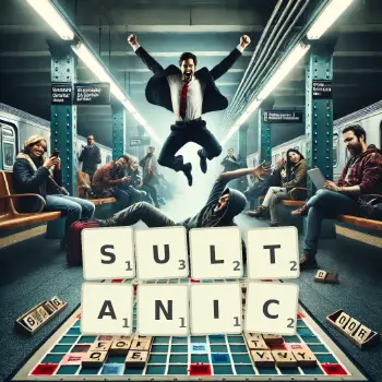 Creative illustration for a Scrabble game with the word SULTANIC spelled out in tiles on the board.