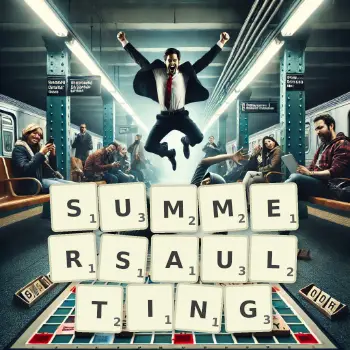 Creative illustration for a Scrabble game with the word SUMMERSAULTING spelled out in tiles on the board.